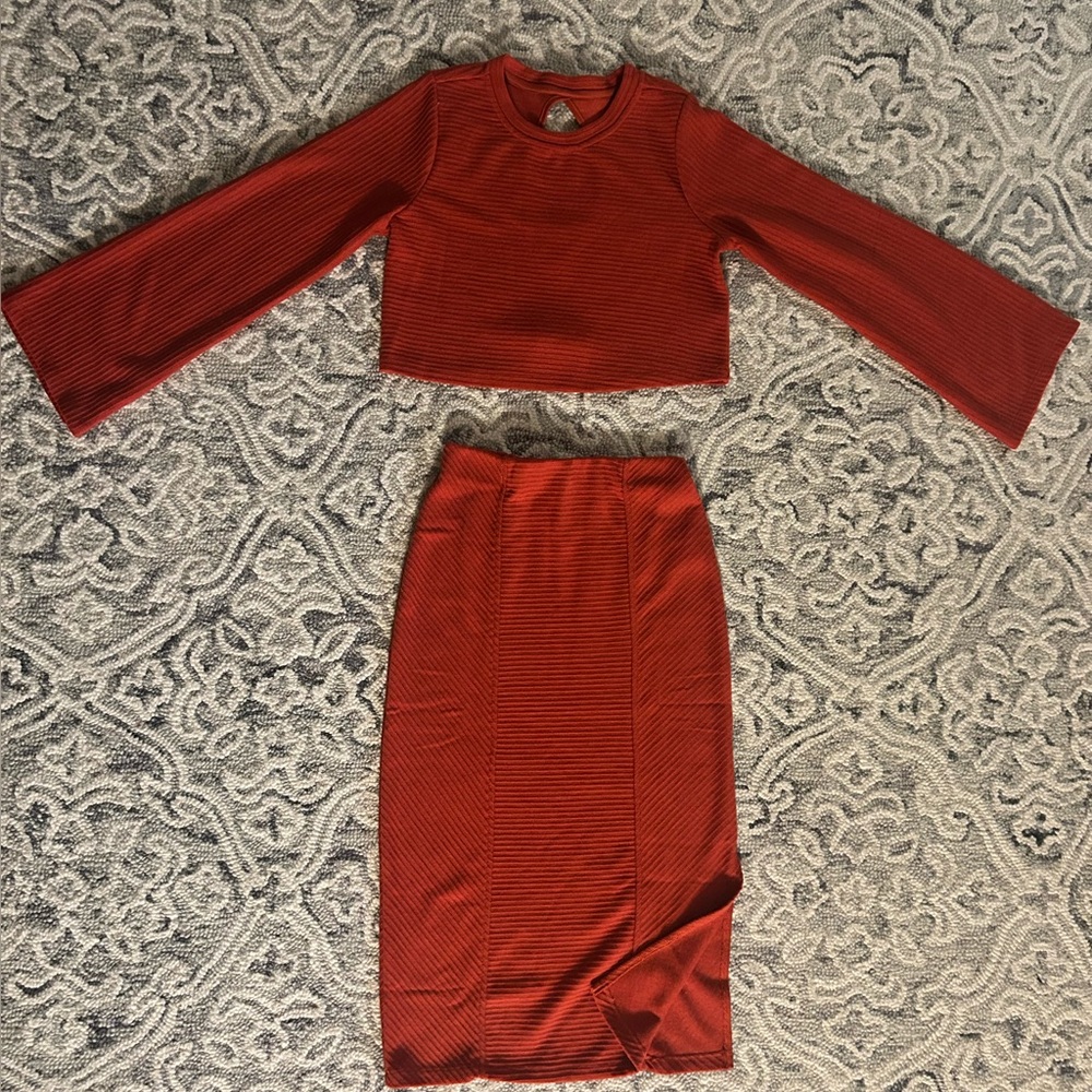 Band of the Free:Alize Rust Top, Sz M /Renee Rust Ribbed Pencil Skirt, Sz S, NWT